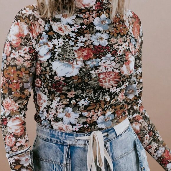 Multicolor Casual Women's Floral Long Sleeve High Neck Mesh Blouse - Picture 1 of 3